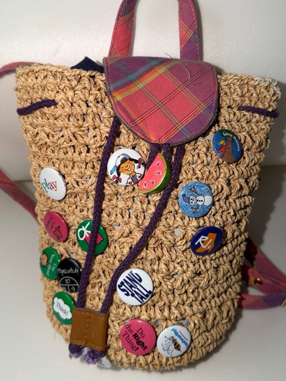 Woven Straw Backpack with Pink Plaid Accents